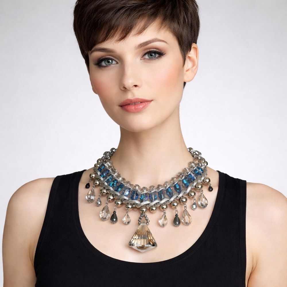 New Chunky, Bold & Unique Multi Coloured Crystals Silver Tone Necklace